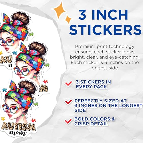 (3 Pack) Autism Mom Decals - Puzzle Piece - Laptop Decal - 3 Inches On Longest Side - Easy Peel & Apply - Made in USA - 3MCS6890