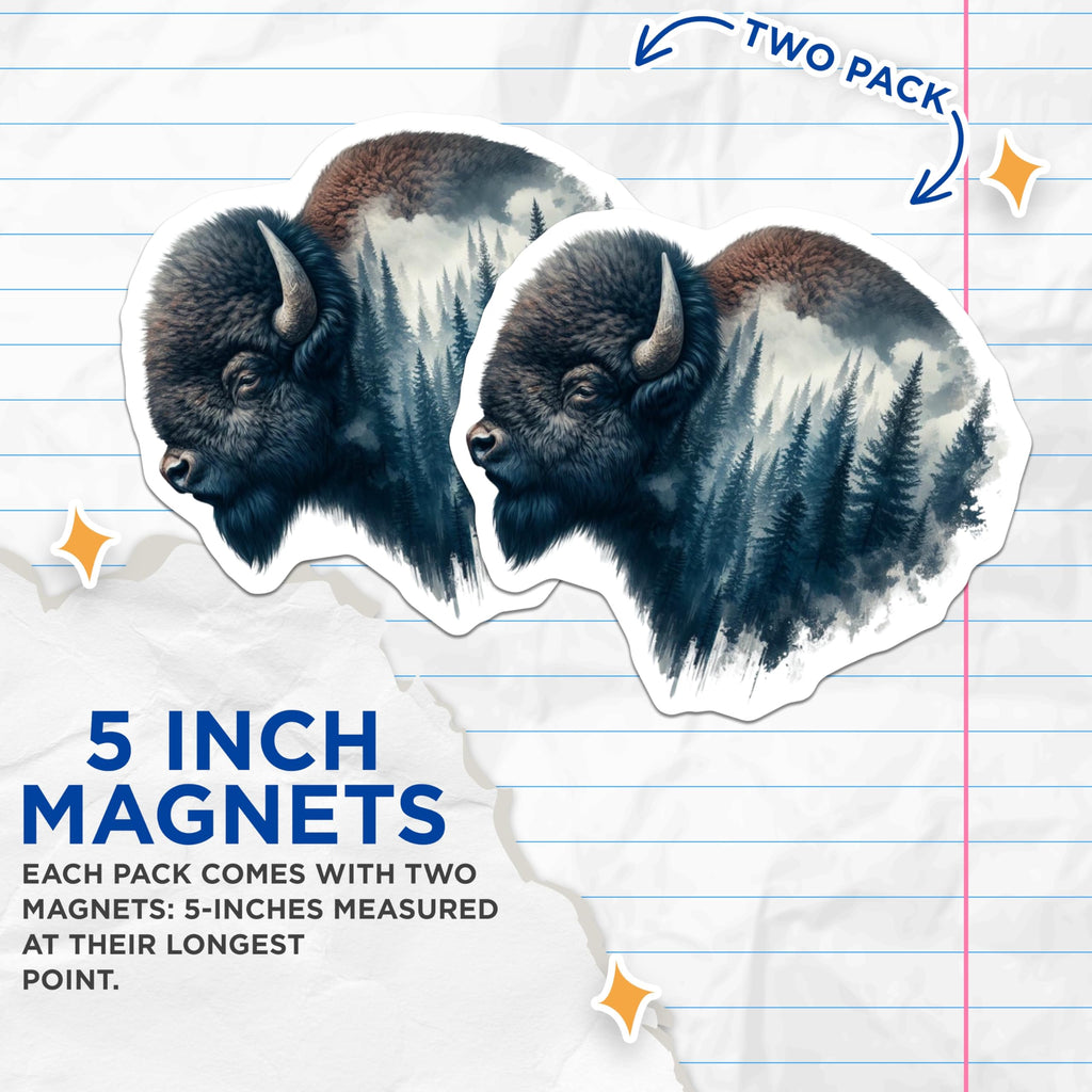 (2 Pack) Bison Magnets - Forest Scene Art - Wildlife Home Decor Fridge Magnets - 5" On Longest Side - Premium Magnet - for Cars, Refrigerators, Toolboxes, Lockers - Made in USA - MAG16399