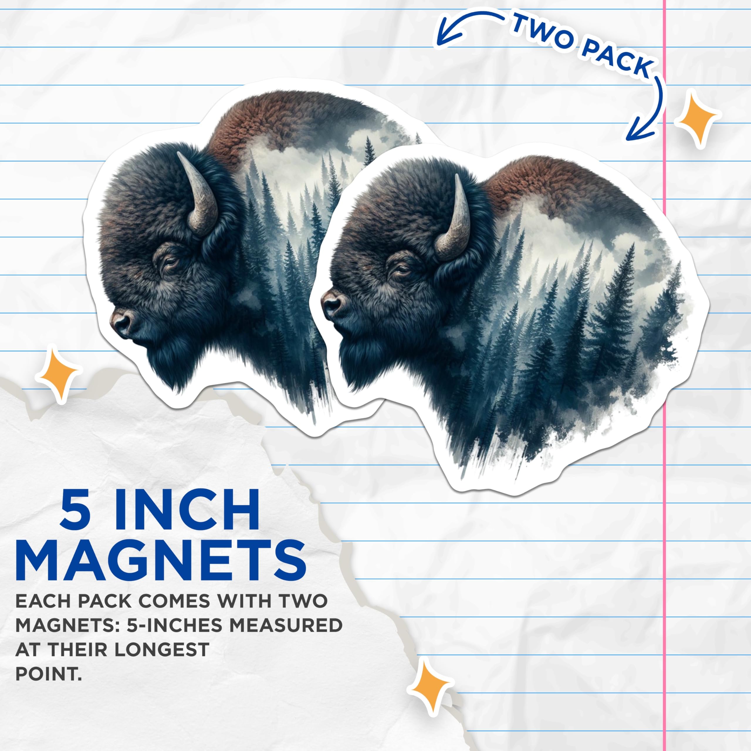 (2 Pack) Bison Magnets - Forest Scene Art - Wildlife Home Decor Fridge Magnets - 5" On Longest Side - Premium Magnet - for Cars, Refrigerators, Toolboxes, Lockers - Made in USA - MAG16399