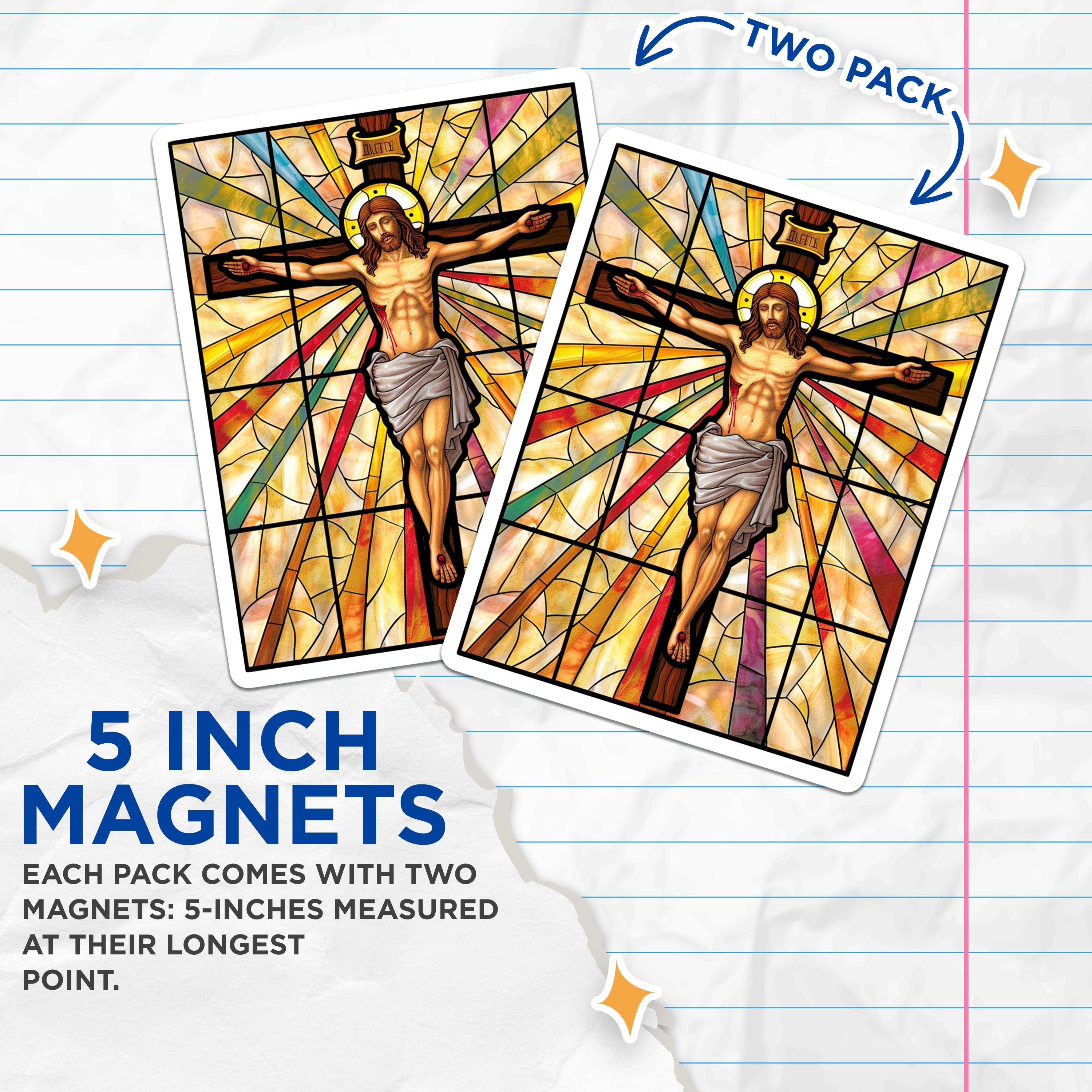 (2 Pack) Stained Glass Crucifix Magnets - Jesus Christ Religious Decor - Christian Faith Holy Week Easter Art - 5 Inches On Longest Side - Thick Durable Magnet - Made in USA - MAG37825