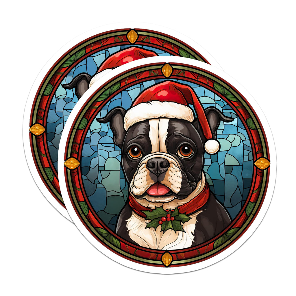 (2 Pack) Boston Terrier Christmas Magnets - Faux Stained Glass Dog Art - Holiday Refrigerator Decor for Pet Owners - 5 Inches On Longest Side - Thick Durable Magnet - Made in USA - MAG27861