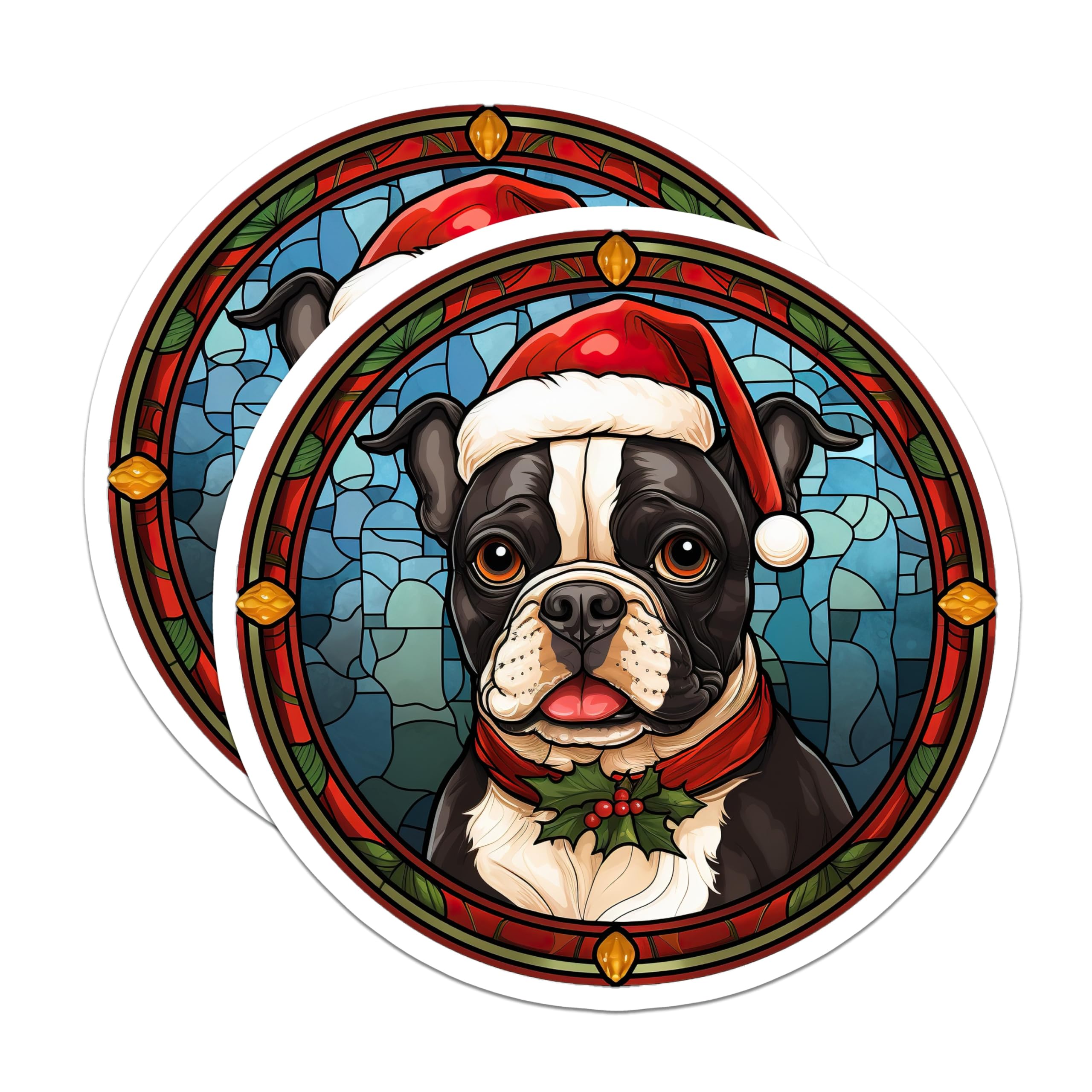 (2 Pack) Boston Terrier Christmas Magnets - Faux Stained Glass Dog Art - Holiday Refrigerator Decor for Pet Owners - 5 Inches On Longest Side - Thick Durable Magnet - Made in USA - MAG27861