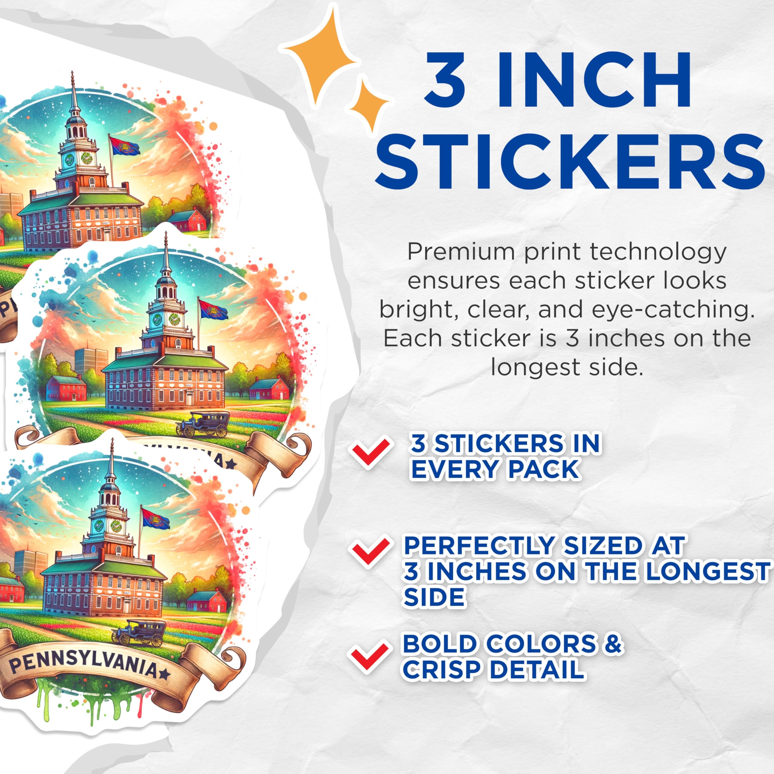 (3 Pack) Pennsylvania Decals - Philadelphia - State Pride- 3 Inches On Longest Side - Easy Peel & Apply - Made in USA - 3MCS5537