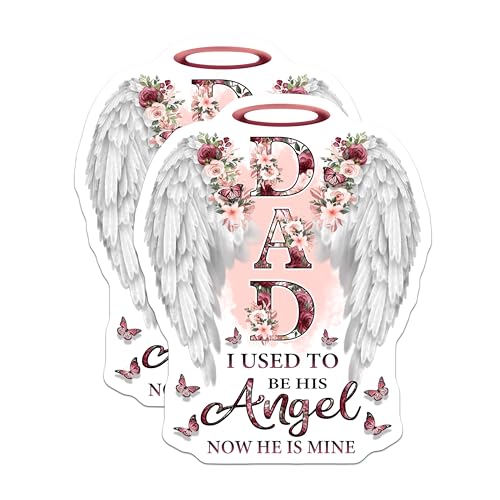 (2 Pack) Dad I Used to Be His Angel Stickers - Memorial Stickers - Floral Angel Wings Stickers - 5" On Longest Side - Sticks to Smooth Flat Surfaces - Made in USA - BMCS6122