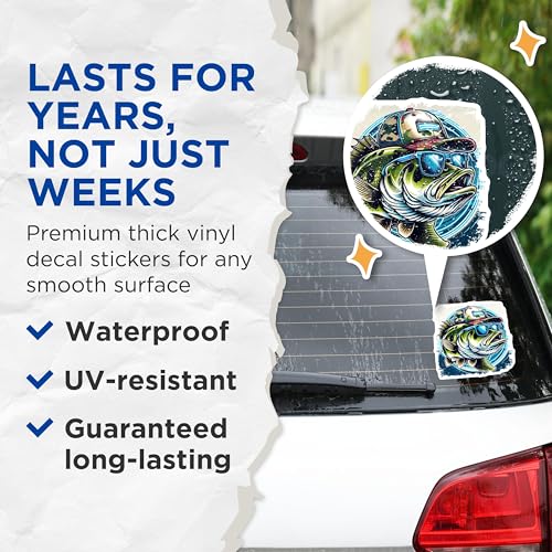 (2 Pack) Bass Fishing Stickers - Cool Fish Design - Angler Decals for Gear and Accessories - 5" On Longest Side - Sticks to Smooth Flat Surfaces - Made in USA - BMCS5986