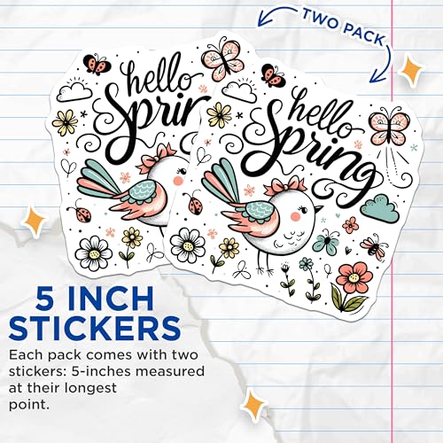 (2 Pack) Hello Spring Stickers - Cute Bird - Springtime Decoration - 5" On Longest Side - Sticks to Smooth Flat Surfaces - Made in USA - BMCS8006