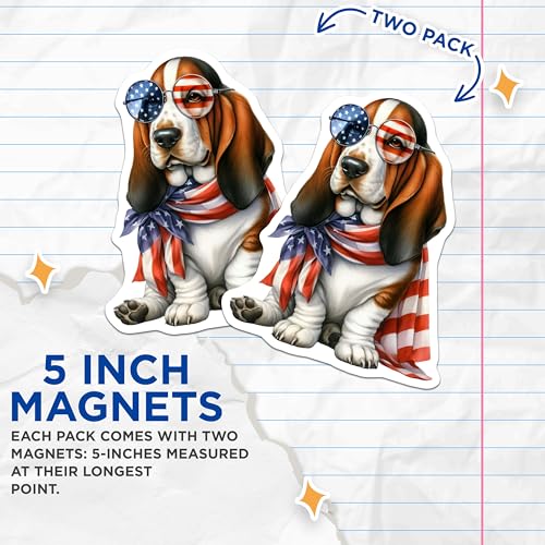 (2 Pack) Patriotic Dog Magnets - Basset Hound with Sunglasses - American Flag Decor for Refrigerator or Locker - 5" On Longest Side - for Cars, Fridges, Toolboxes - Made in USA - MAG7061