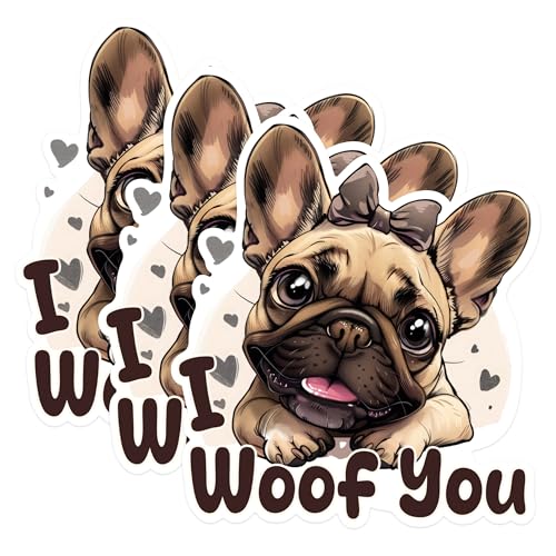 (3 Pack) French Bulldog Decals - I Woof You Dog Stickers - Cute Puppy Laptop Decal - 3 Inches On Longest Side - Easy Peel & Apply - Made in USA - 3MCS1211