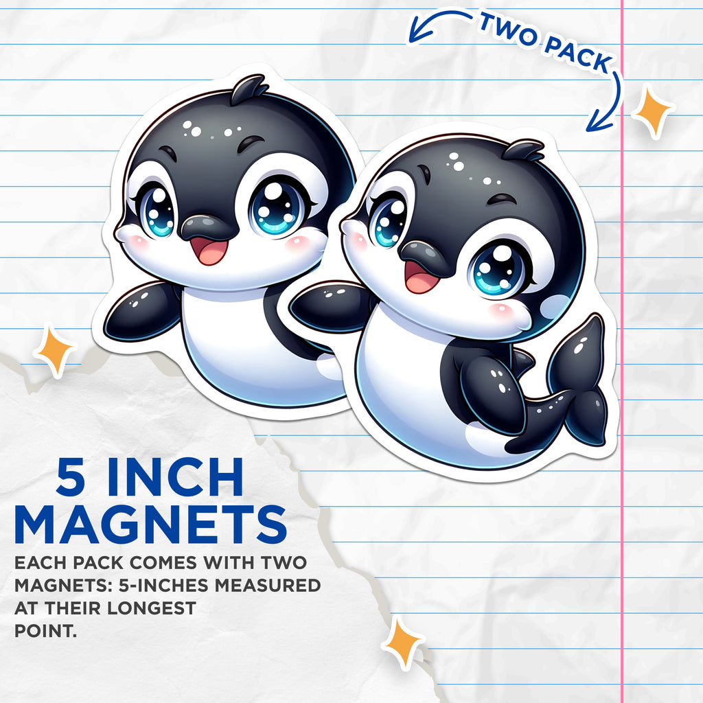 (2 Pack) Cute Orca Magnets - Kawaii Baby Whale - Ocean Animal Chibi Refrigerator Magnets - 5 Inches On Longest Side - Thick Durable Magnet - Made in USA - MAG38261