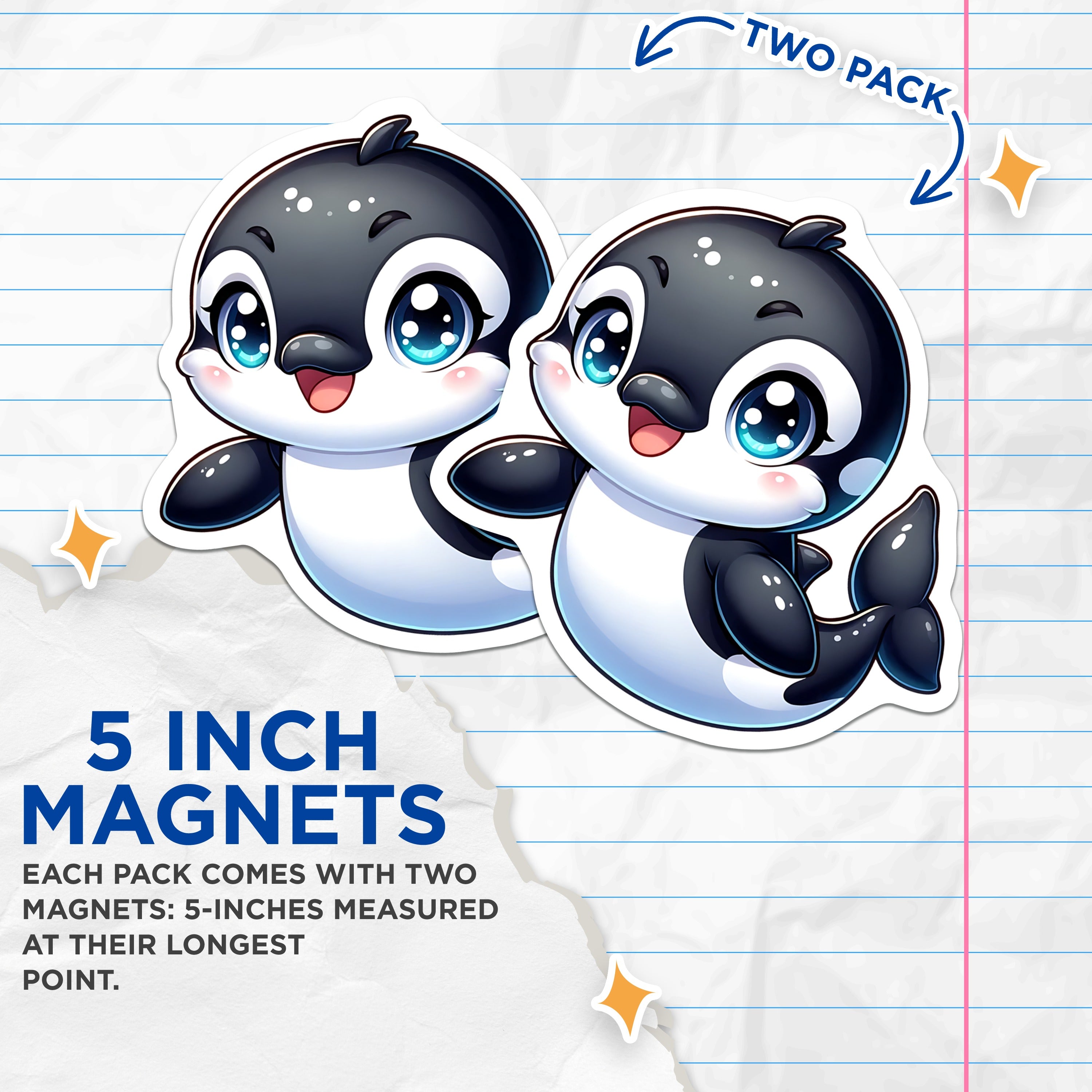 (2 Pack) Cute Orca Magnets - Kawaii Baby Whale - Ocean Animal Chibi Refrigerator Magnets - 5 Inches On Longest Side - Thick Durable Magnet - Made in USA - MAG38261