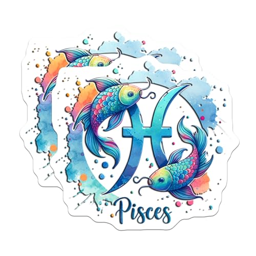 (2 Pack) Pisces Zodiac Sign Stickers - Watercolor Pisces Art - Astrology Fish Stickers - Horoscope Decal - 5" On Longest Side - Sticks to Smooth Flat Surfaces - Made in USA - BMCS7022