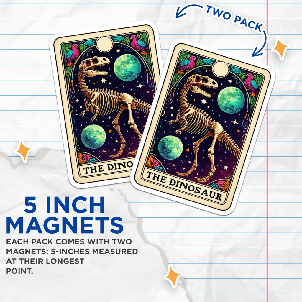 (2 Pack) Dinosaur Skeleton Magnets - Mystical Tarot Art - Cosmic Dino Decor - 5 Inches On Longest Side - Thick Durable Magnet - Made in USA - MAG21906