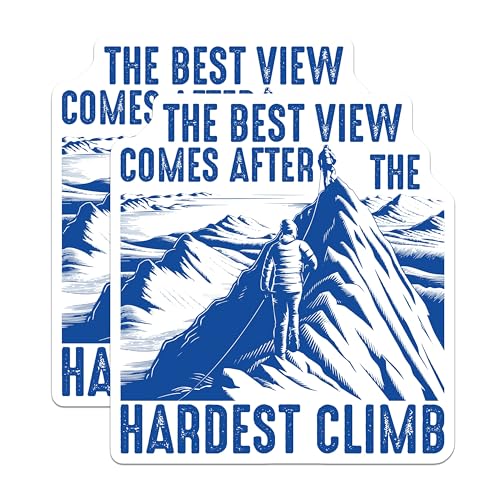 (2 Pack) Best View After Hardest Climb Stickers - Inspirational Quote Stickers - Motivational Outdoor Stickers - 5" On Longest Side - Sticks to Smooth Flat Surfaces - Made in USA - BMCS5790