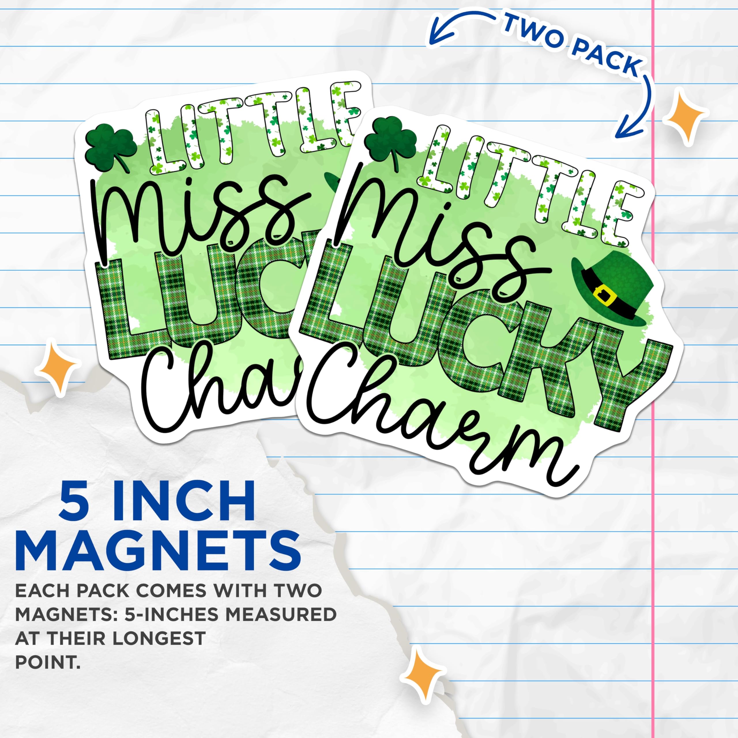 (2 Pack) St Patricks Day Magnets - Little Miss Lucky Charm Decor - Green Plaid Leprechaun - 5 Inches On Longest Side - Thick Durable Magnet - Made in USA - MAG22027