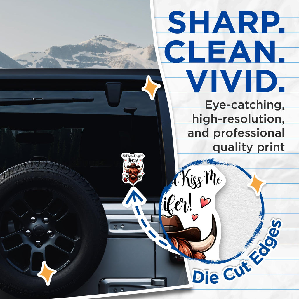 (2 Pack) Funny Highland Cow Stickers - Shut Up and Kiss Me Heifer Decal - Cute Animal Stickers - 5" On Longest Side - Sticks to Any Smooth Flat Surface - Made in USA - BMCS3154