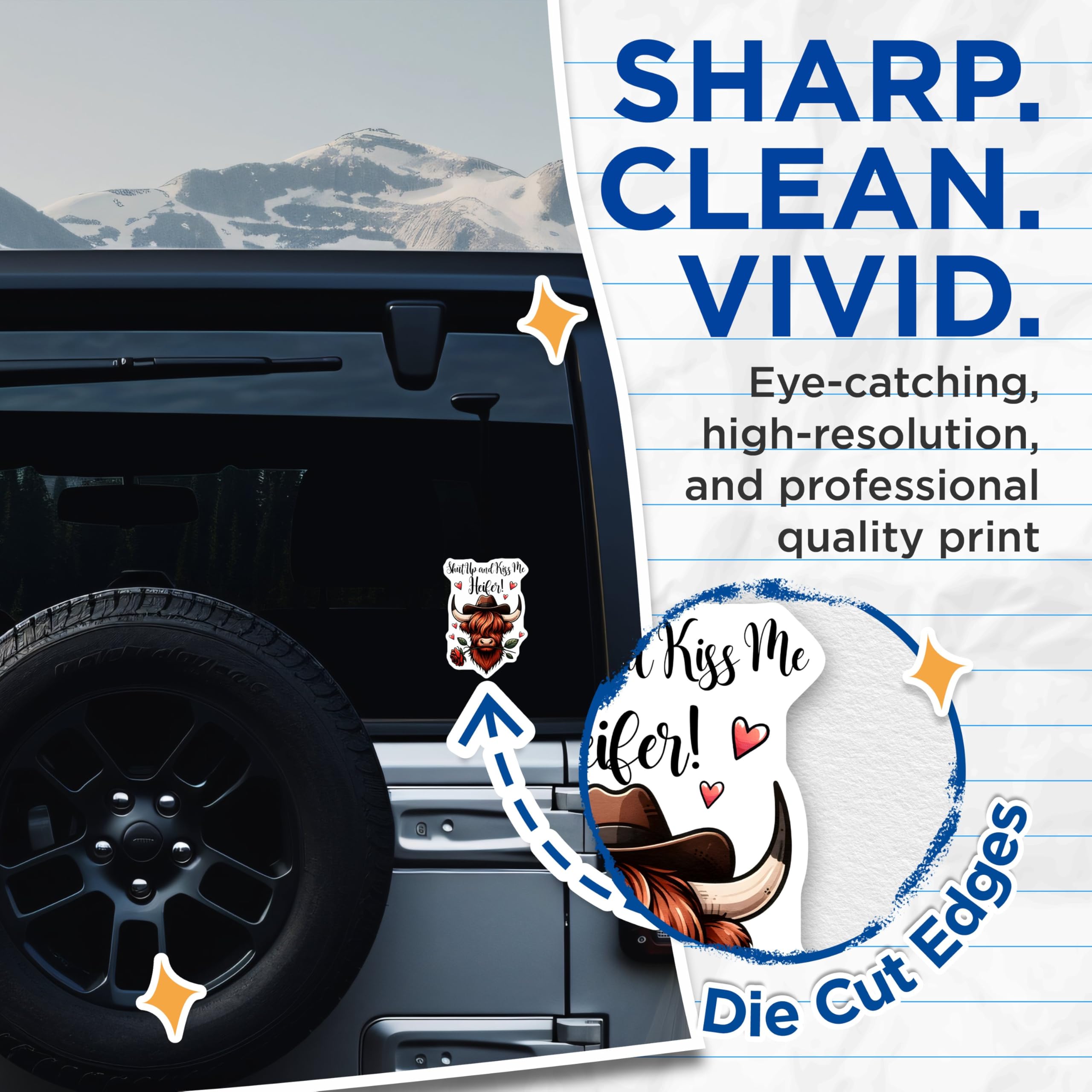 (2 Pack) Funny Highland Cow Stickers - Shut Up and Kiss Me Heifer Decal - Cute Animal Stickers - 5" On Longest Side - Sticks to Any Smooth Flat Surface - Made in USA - BMCS3154