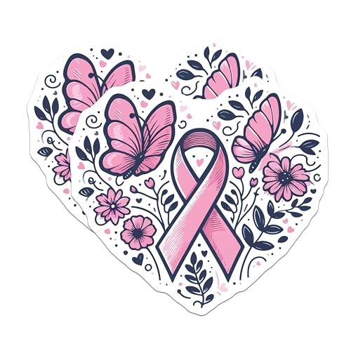 (2 Pack) Breast Cancer Awareness Stickers - Pink Ribbon Heart Stickers - Support Awareness Butterfly Stickers - 5" On Longest Side - Sticks to Smooth Flat Surfaces - Made in USA - BMCS5990