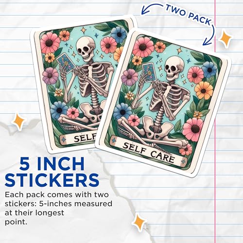 (2 Pack) Self Care Stickers - Skeleton Meditation - Floral Art Sticker - 5" On Longest Side - Sticks to Smooth Flat Surfaces - Made in USA - BMCS9445