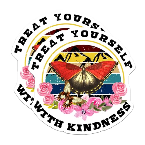 (2 Pack) Treat Yourself with Kindness Stickers - 5" On Longest Side - Sticks to Smooth Flat Surfaces - Made in USA - BMCS5704