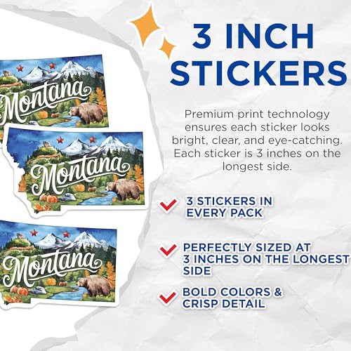 (3 Pack) Montana Decals - Laptop Decal - State Stickers- 3 Inches On Longest Side - Easy Peel & Apply - Made in USA - 3MCS5067