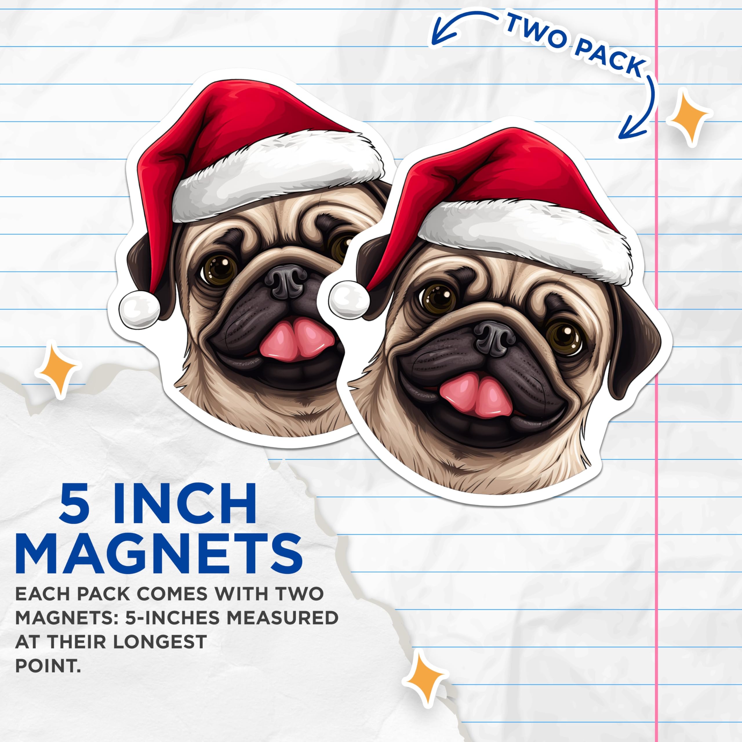 (2 Pack) Christmas Pug Magnets - Santa Dog Holiday - Fridge Magnets Pet - 5 Inches On Longest Side - Thick Durable Magnet - Made in USA - MAG24916