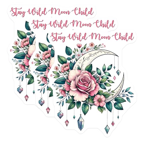 (3 Pack) Moon Child Decals - Floral Crescent Moon Stickers - Boho Laptop Stickers - 3 Inches On Longest Side - Easy Peel & Apply - Made in USA - 3MCS6826