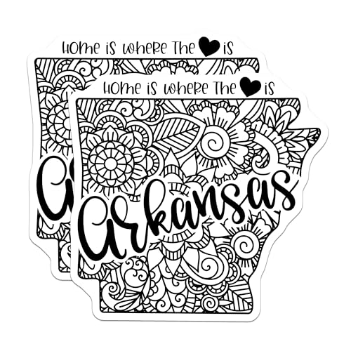 (2 Pack) Arkansas State Stickers - Home is Where The Heart is - Mandala Pattern - 5" On Longest Side - Sticks to Smooth Flat Surfaces - Made in USA - BMCS9101