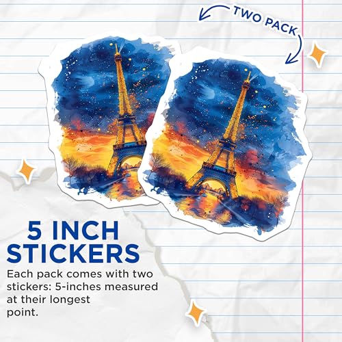 (2 Pack) Paris Eiffel Tower Stickers - Colorful Travel Stickers - France Landmark Stickers - 5" On Longest Side - Sticks to Smooth Flat Surfaces - Made in USA - BMCS5190