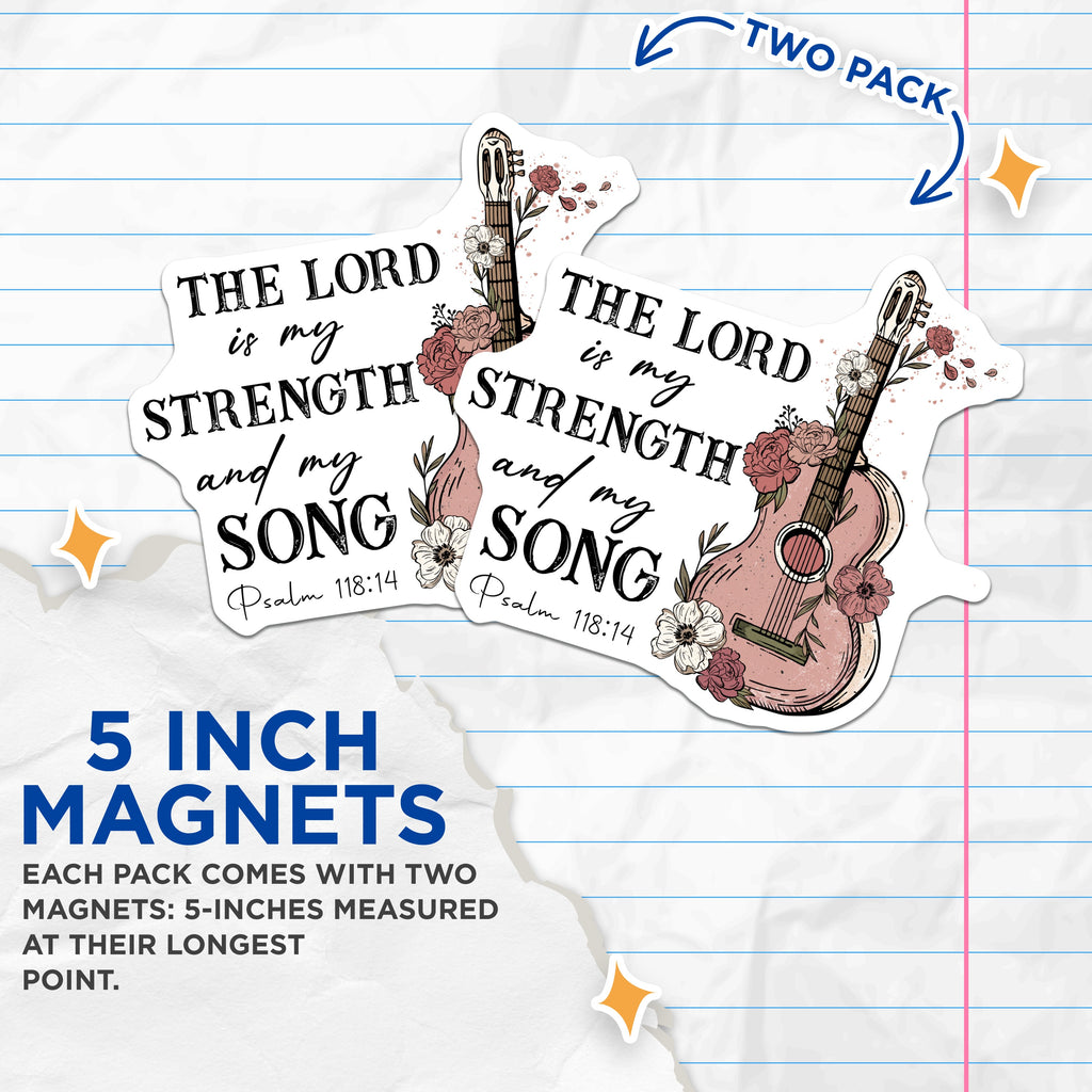 (2 Pack) Christian Magnets - Psalm 118 14 Verse - Floral Guitar Boho Decor - 5 Inches On Longest Side - Thick Durable Magnet - Made in USA - MAG39770