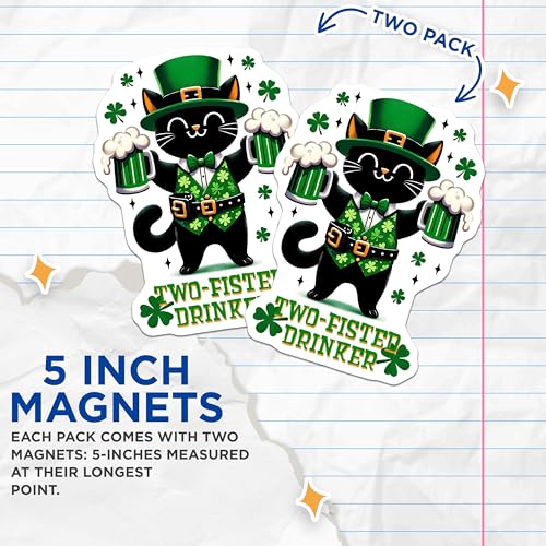 (2 Pack) St Patrick's Day Cat Magnets - Lucky Cat Decor - 5" On Longest Side - for Cars, Fridges, Toolboxes - Made in USA - MAG8104