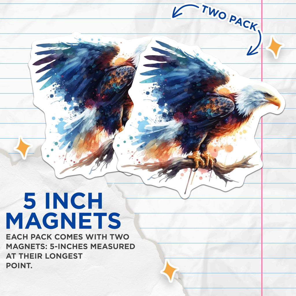 (2 Pack) Bald Eagle Magnets - Vibrant Watercolor Art - American Symbol Fridge Decor - Majestic Wildlife Display - 5 Inches On Longest Side - Thick Durable Magnet - Made in USA - MAG22609