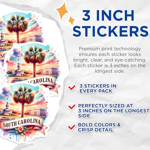 (3 Pack) South Carolina Decals - Palmetto State Stickers - Watercolor SC Laptop Decal- 3 Inches On Longest Side - Easy Peel & Apply - Made in USA - 3MCS5580