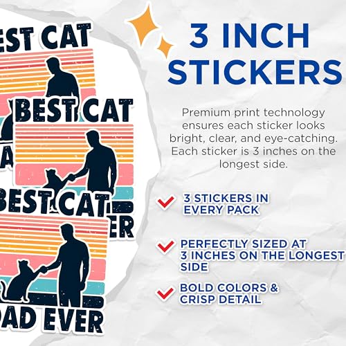 (3 Pack) Best Cat Dad Ever Decals - Feline Pet Lover - Gift for Cat Owner - 3 Inches On Longest Side - Easy Peel & Apply - Made in USA - 3MCS1526