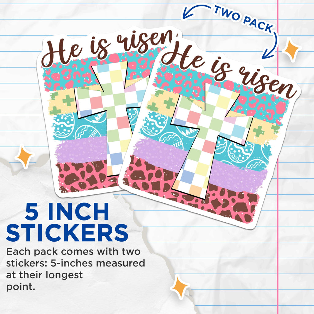 (2 Pack) He is Risen Stickers - Easter Cross Stickers - Christian Faith Stickers - 5" On Longest Side - Sticks to Any Smooth Flat Surface - Made in USA - BMCS3087