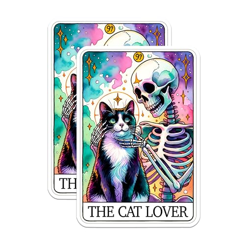 (2 Packs) The Cat Lover Tarot Card Stickers - Skull with Cat Decals - 5 Inches On Longest Side - Premium Vinyl Decal - Sticks to Any Smooth Flat Surface - Made in USA - BMCS2538