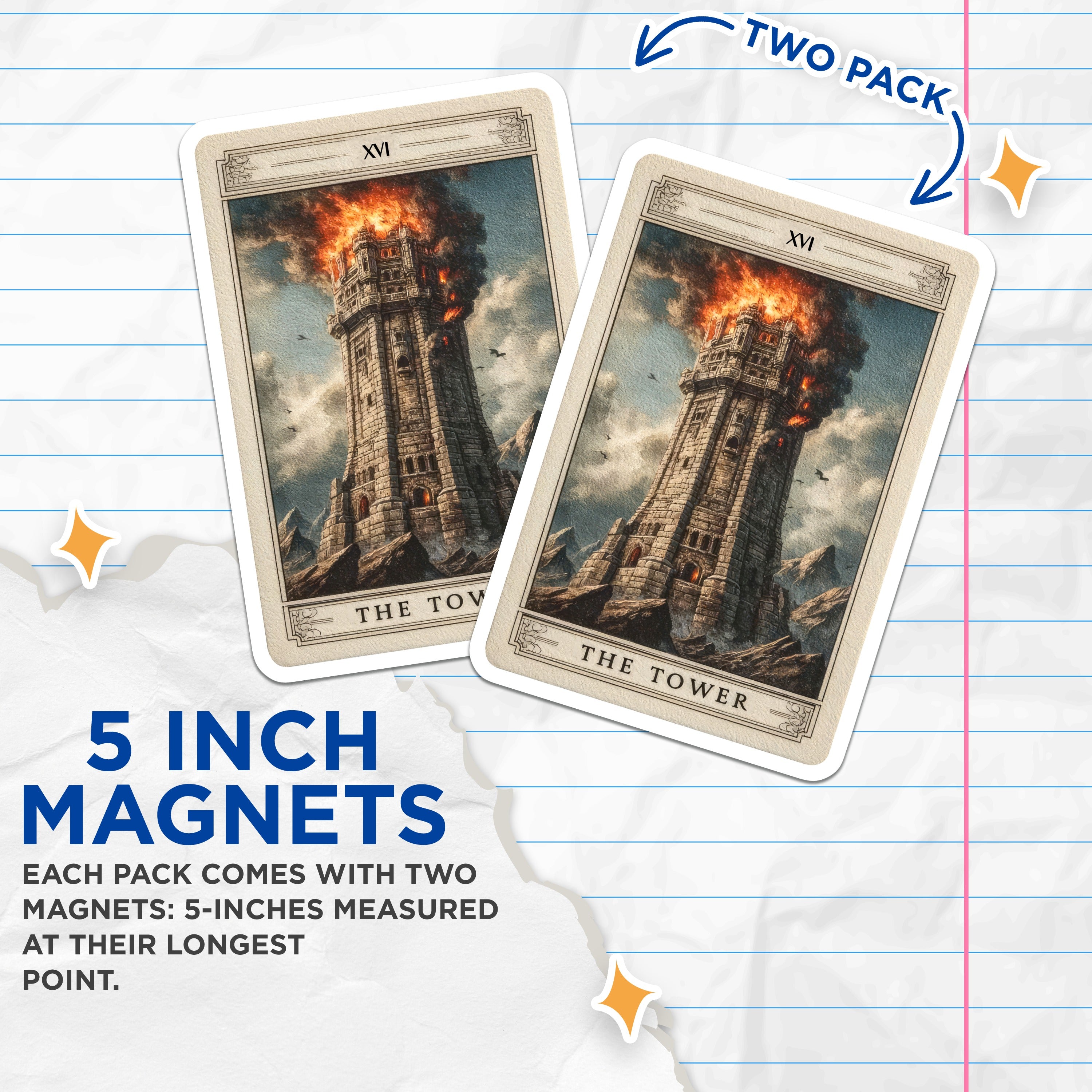 (2 Pack) The Tower Tarot Card Magnets - Major Arcana Art - Witchy Aesthetic Decor Magnets - 5 Inches On Longest Side - Thick Durable Magnet - Made in USA - MAG36438