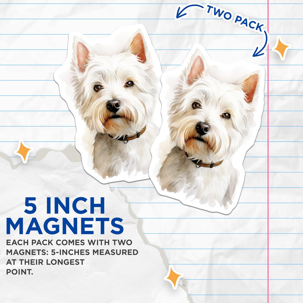 (2 Pack) West Highland Terrier Magnets - Watercolor Pet Portrait - Animal Refrigerator Accent - 5 Inches On Longest Side - Thick Durable Magnet - Made in USA - MAG30948