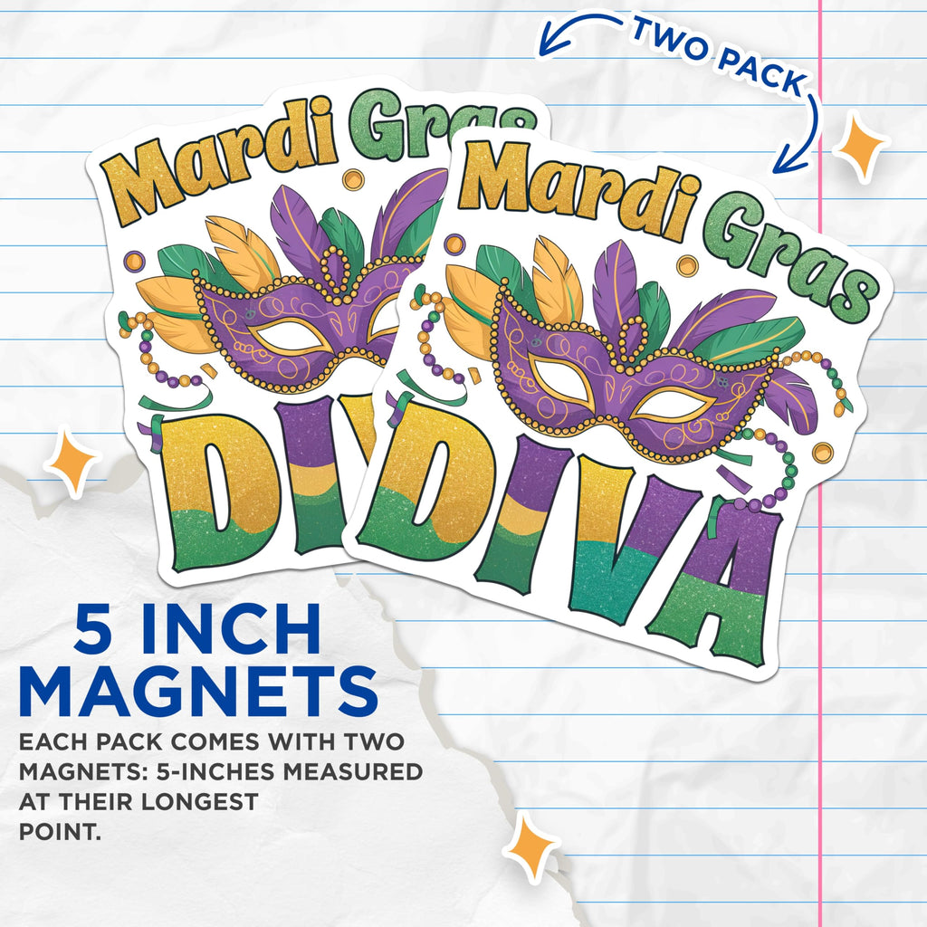 (2 Pack) Mardi Gras Diva Magnets - Carnival Mask - New Orleans Party Favor - 5" On Longest Side - Premium Magnet - for Cars, Refrigerators, Toolboxes, Lockers - Made in USA - MAG16224