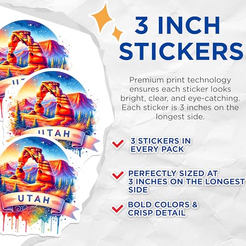 (3 Pack) Utah Arch Decals - Travel Souvenir - Landscape Art Decals- 3 Inches On Longest Side - Easy Peel & Apply - Made in USA - 3MCS5695