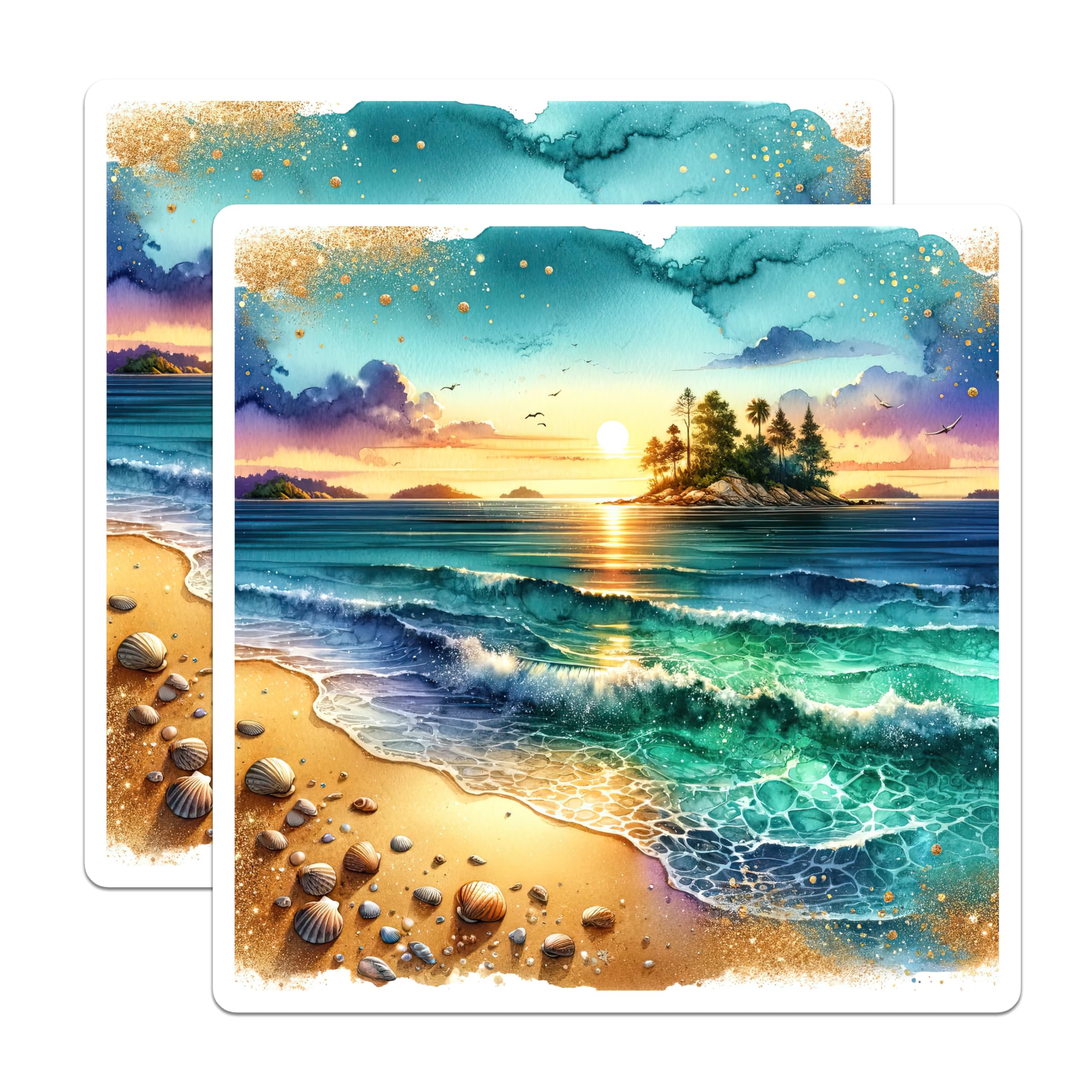 (2 Pack) Watercolor Beach Magnets - Ocean Sunset Decor - Tropical Island Scene - 5 Inches On Longest Side - Thick Durable Magnet - Made in USA - MAG28396