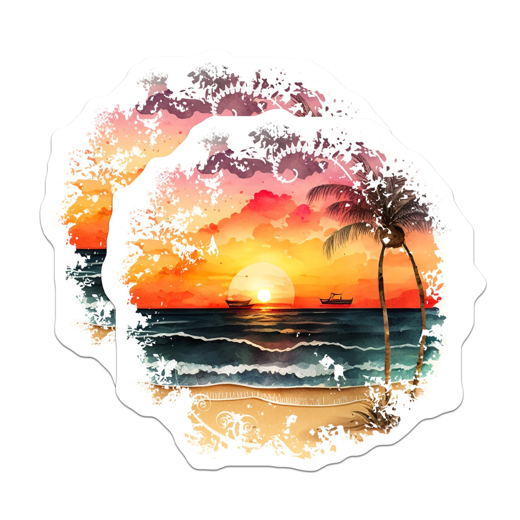 (2 Pack) Watercolor Beach Sunset Magnets - Tropical Ocean Art - Coastal Decor Accent - 5 Inches On Longest Side - Thick Durable Magnet - Made in USA - MAG28649