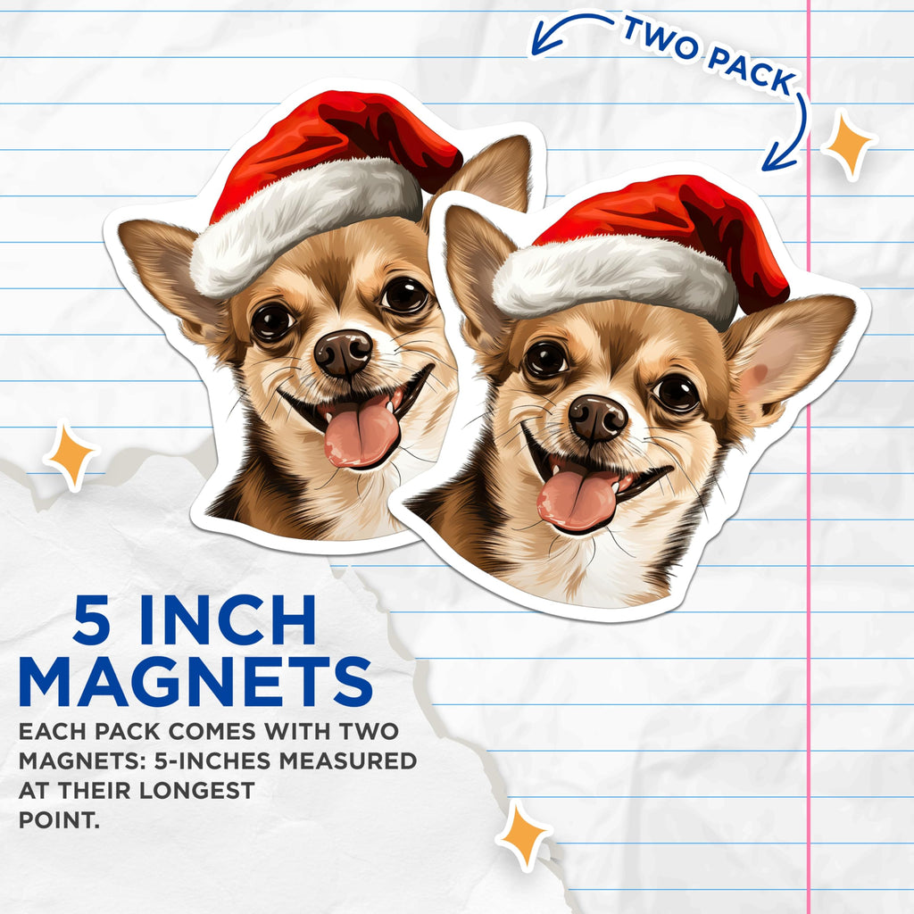 (2 Pack) Chihuahua Christmas Magnets - Santa Hat Dog Decor - Festive Pet Refrigerator Art - 5 Inches On Longest Side - Thick Durable Magnet - Made in USA - MAG28943