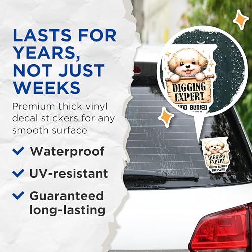 (2 Pack) Digging Expert Stickers - Found Buried Treasure - Cute Dog Stickers - 5" On Longest Side - Sticks to Smooth Flat Surfaces - Made in USA - BMCS3736
