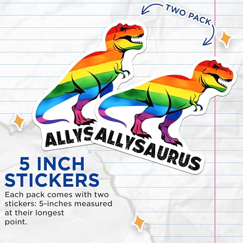 (2 Pack) Allysaurus Stickers - Rainbow Dinosaur Decal - LGBTQ Pride Sticker - 5" On Longest Side - Sticks to Smooth Flat Surfaces - Made in USA - BMCS9664