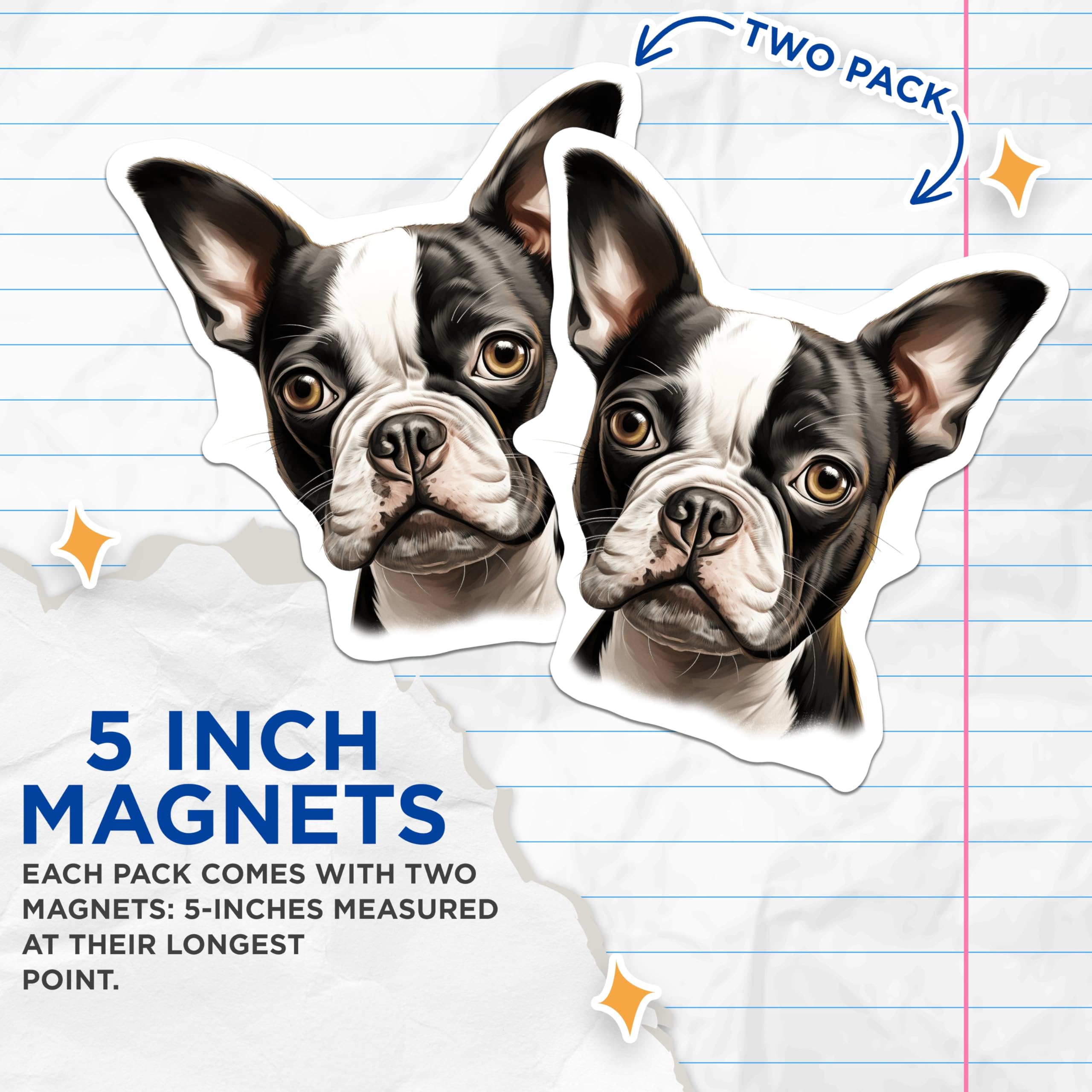 (2 Pack) Boston Terrier Magnets - Dog Breed Art - Pet Owner Appreciation - Animal Lover Decor - Cute Dog Fridge Magnet - 5 Inches On Longest Side - Thick Durable Magnet - Made in USA - MAG28628