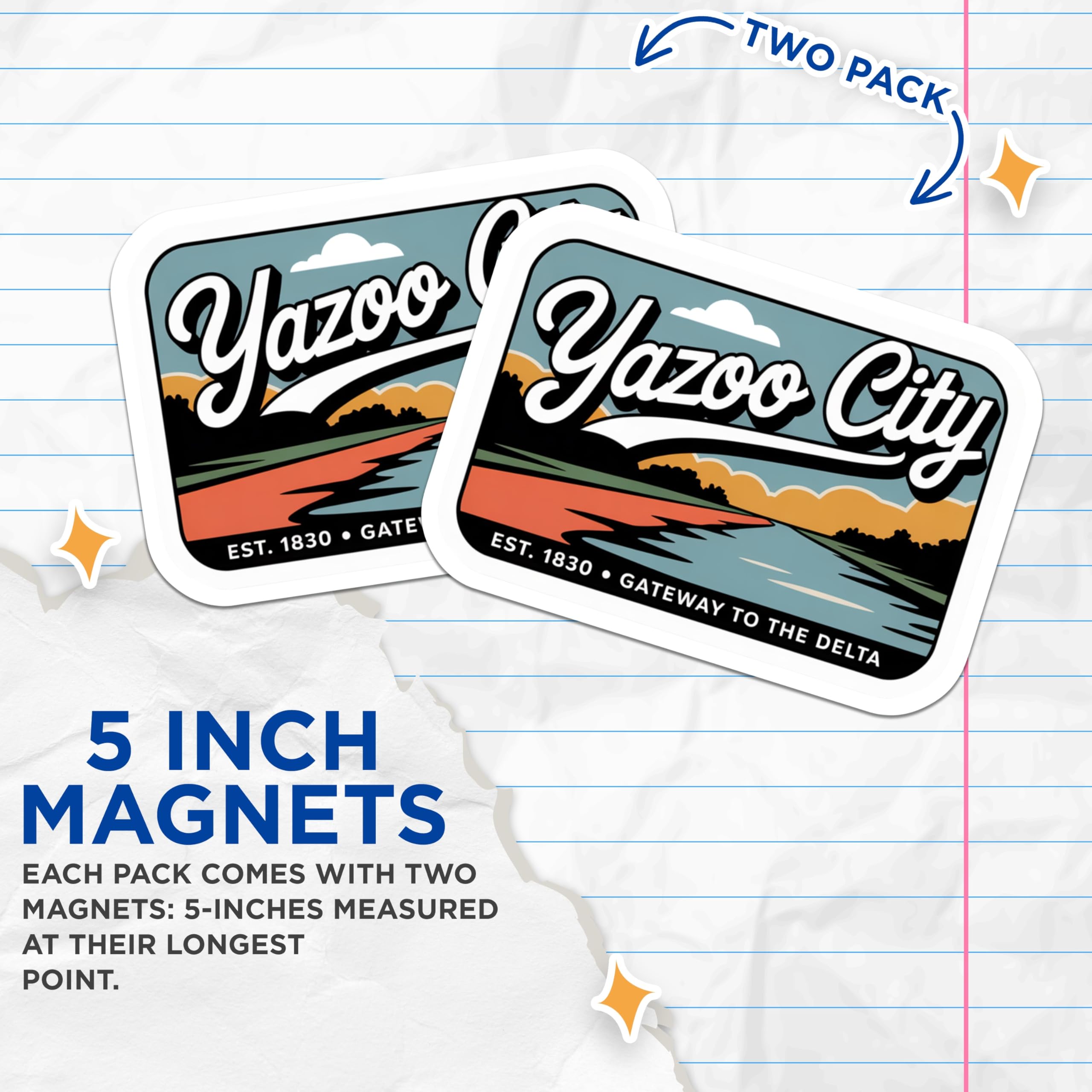 (2 Pack) Yazoo City Magnets - Mississippi Souvenir - Retro Travel Art Decoration - 5" On Longest Side - Premium Magnet - for Cars, Refrigerators, Toolboxes, Lockers - Made in USA - MAG18105