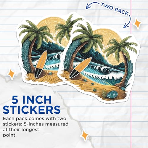 (2 Pack) Surfing Beach Paradise Stickers - Tropical Palm Tree Decal - Ocean Wave Surfboard Art - 5" On Longest Side - Sticks to Smooth Flat Surfaces - Made in USA - BMCS9260