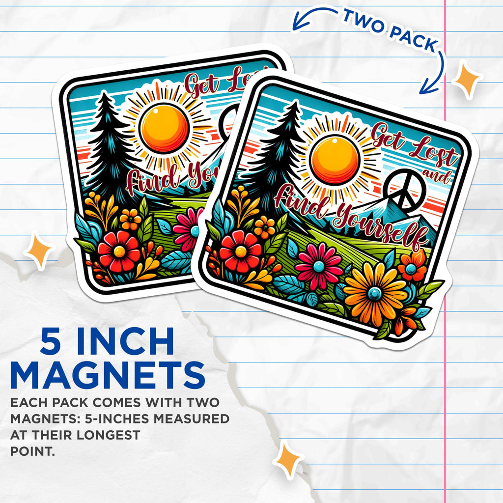 (2 Pack) Find Yourself Magnets - Get Lost and Find Yourself - Inspirational - Vibrant Floral - 5" On Longest Side - for Cars, Refrigerators, Toolboxes, Lockers - Made in USA BMCS3273