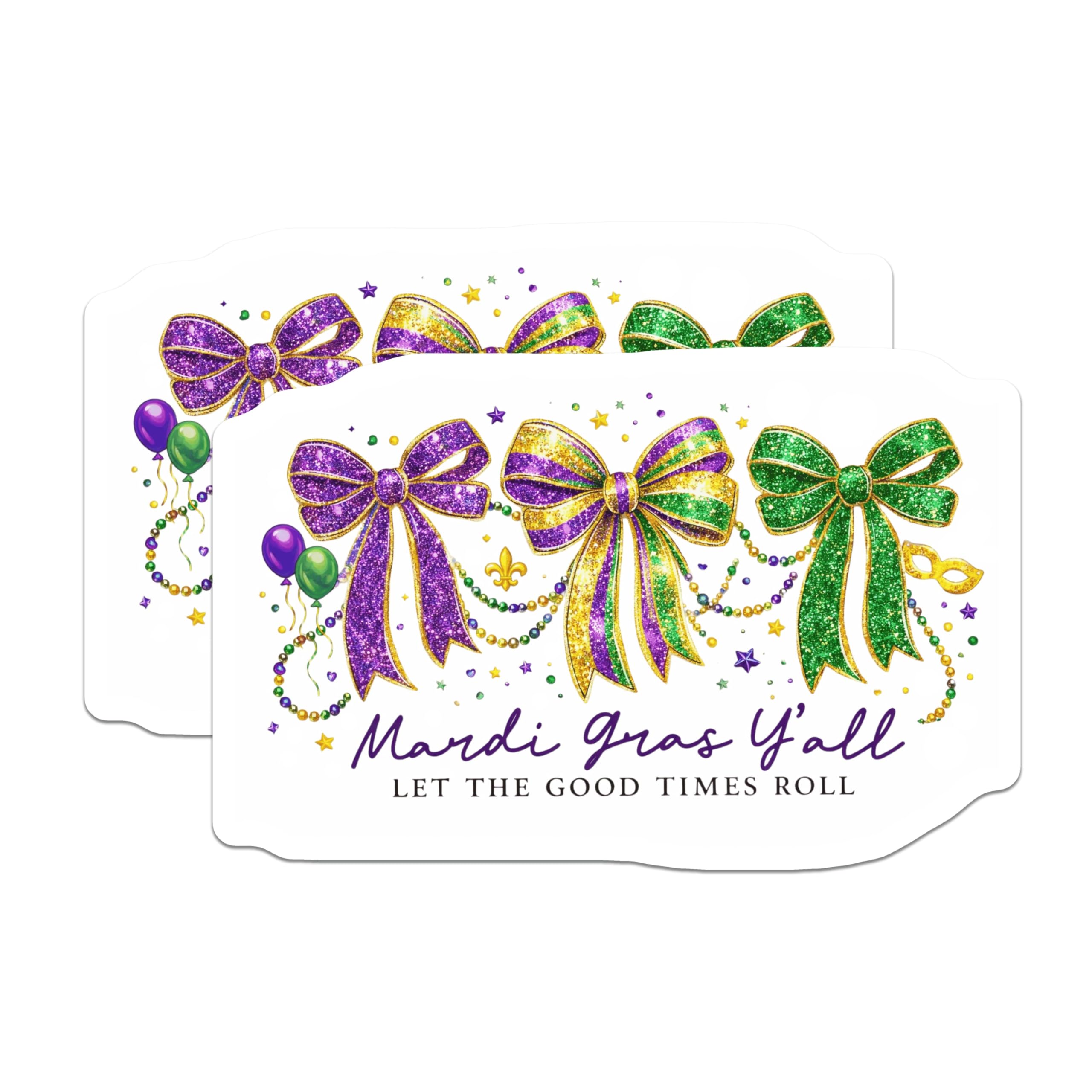 (2 Pack) Mardi Gras Stickers - Bows Beads - Let The Good Times Roll- 5" On Longest Side - Sticks to Smooth Flat Surfaces - Made in USA - BMCS16898