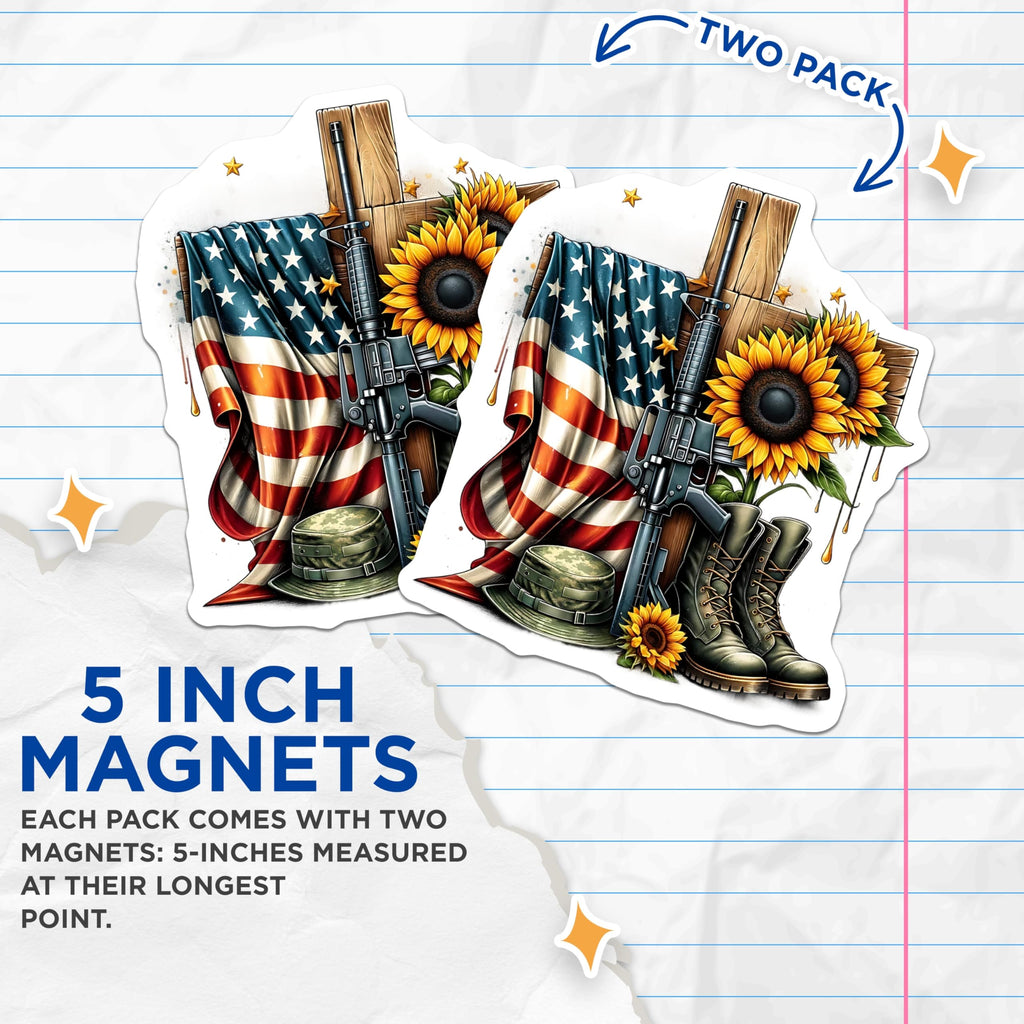 (2 Pack) Memorial Day Magnets - USA Flag and Sunflowers - Patriotic Tribute Magnet - 5" On Longest Side - Premium Magnet - for Cars, Refrigerators, Toolboxes, Lockers - Made in USA - MAG15510